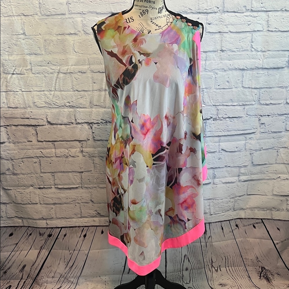 Ted Baker London Floral Watercolor Shift Dress with Neon Pink Trim